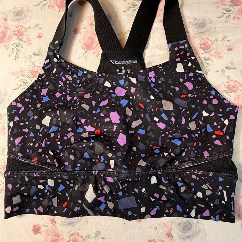 Champion Sports Bra Women's Small Black Multicolor Terrazzo Print‎ Racerback
